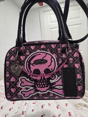 Ed Hardy Pink & Black Skull Crossbones Satchel